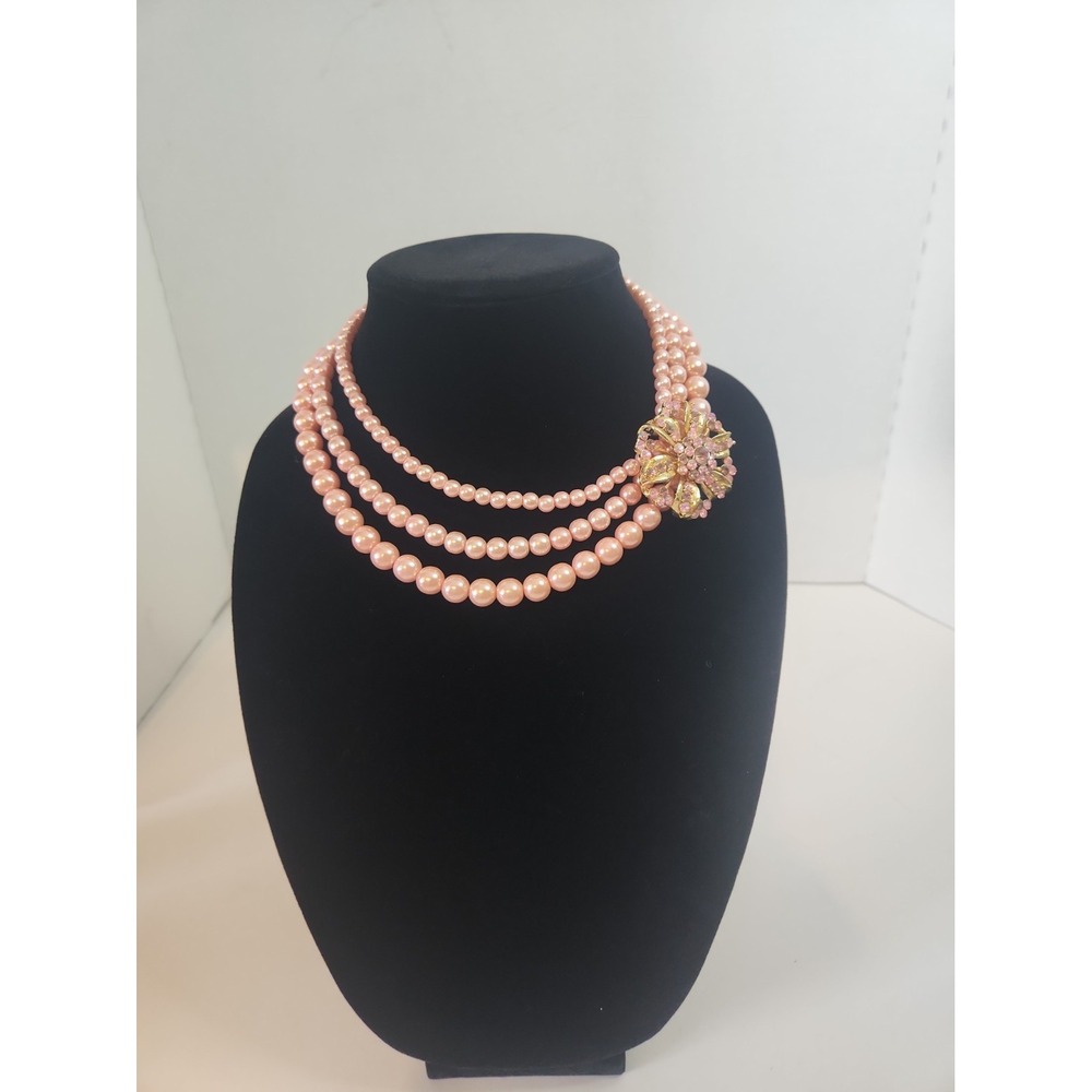 NWT MIXIT Pink Faux Pearl 3 Strand Statement Necklace Rhinestone Flower Brooch